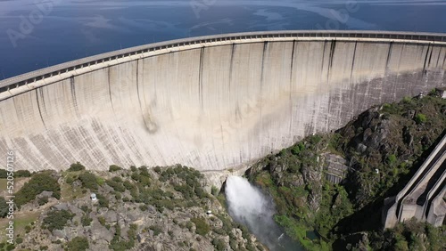 Bird's eye view of Almendra Dam in Salamanca, Spain. Villarino Dam interrupts course of Tormes River. photo