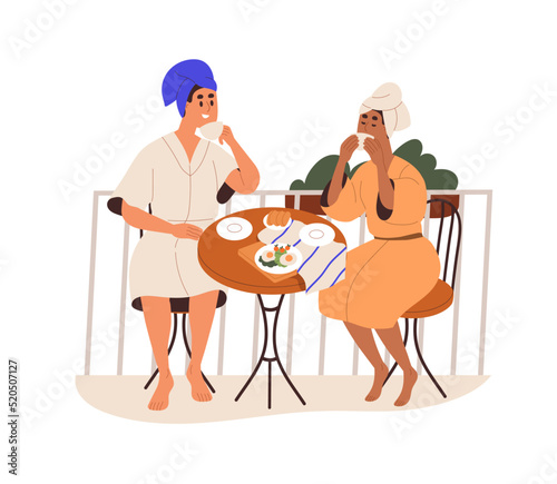 Women couple in bathrobes eating, having breakfast on balcony. Happy young girls friends in gowns drinking coffee on summer weekend. Flat graphic vector illustration isolated on white background