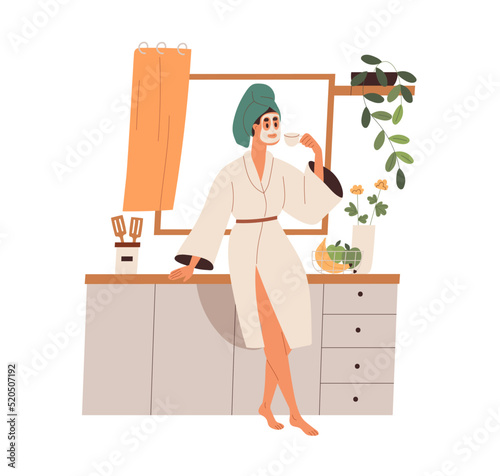 Woman in bathrobe, head towel drinking coffee in morning. Happy girl with facial mask after shower, holding espresso cup in home kitchen. Flat graphic vector illustration isolated on white background