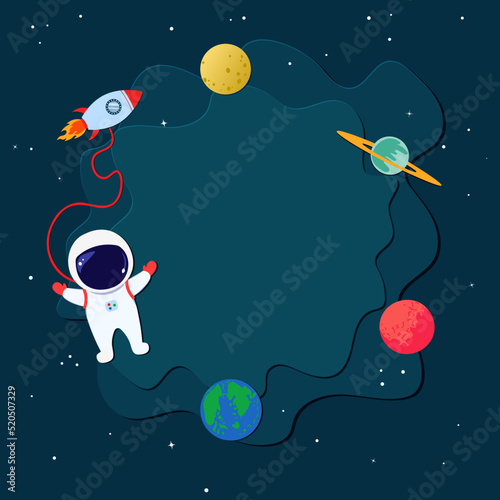 Paper cut style of astronaut, rocket and planets in space on dark background. Cute flat vector illustration for kids birthday party invitation card design, bact to school concept, copy space for text.
