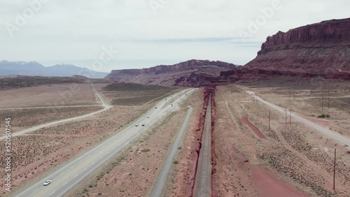 Interstate Highway 191 Freeway Road into Deserts of Moab, Utah - Aerial photo