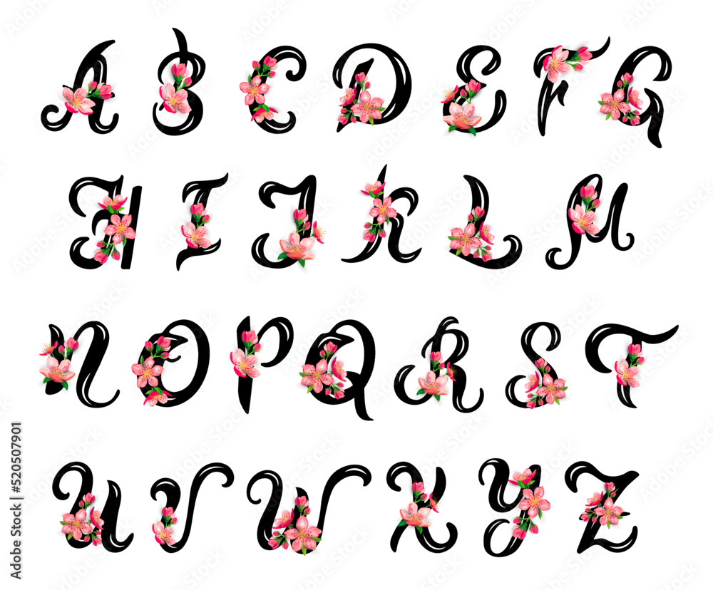 Hand drawn capital letters with pink spring flowers. Latin alphabet