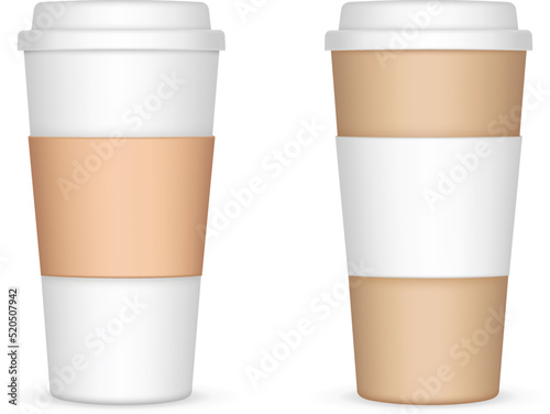 Two Tall Coffee Cups With Sleeve, Isolated on White Background, Front View. Vector Illustration