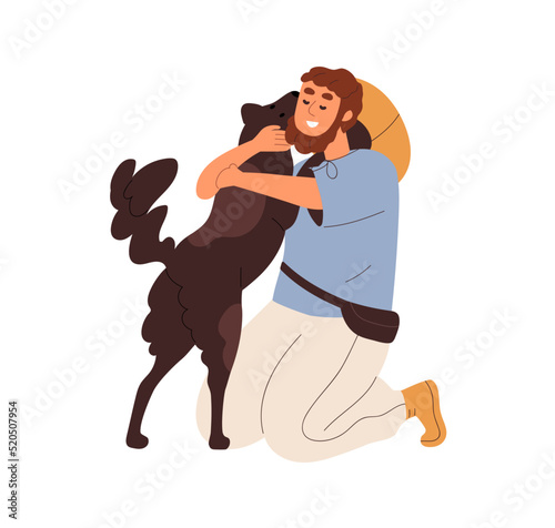 Happy person and cute dog hugging. Warm hugs of pet owner and devoted doggy after separation. Man glad to see animal friend. Love and devotion. Flat vector illustration isolated on white background