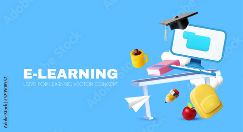 E-learning concept. Studying design with desk, computer, books, graduate cap, paper plane, backpack and apple.