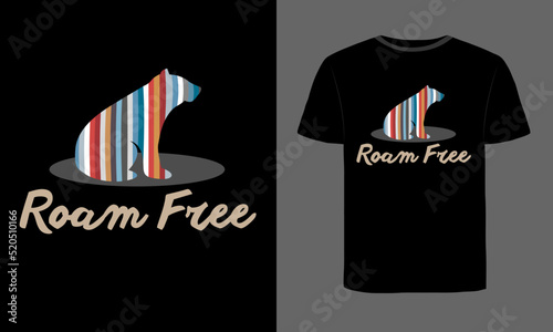 Vintage Roam Free Badge Illustration Design. emblem with a bear silhouette in hipster adventurer style colors. Stock vector. T-shirt graphic design, typography slogan with cartoon bear, vector illustr