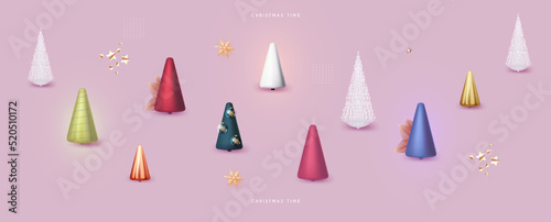 Happy New Year banner with minimal Christmas tree. 3D design. © feaspb