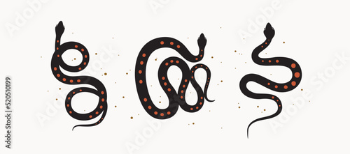 Set of magical black snakes on an isolated light background. Design element for mystical cards, posters, covers and shops. Vector esoteric illustration.