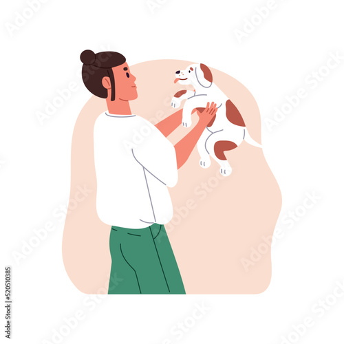 Person holding cute dog puppy in arms. Pet owner with canine animal, doggy in hands. Woman and adorable lovely little pup friend. Flat graphic vector illustration isolated on white background