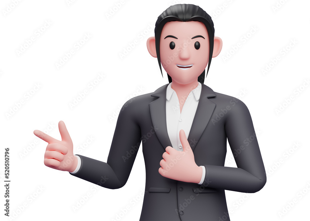 Business girl in formal suit pointing and thumbs up, close up 3D render business woman character illustration Business girl in formal suit pointing and thumbs up, close up 3D render business woman character illustration