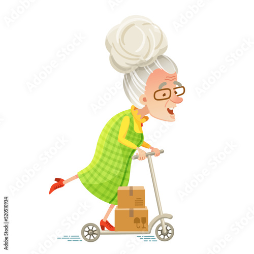Vector illustration in cartoon style. An active elderly happy woman on a scooter delivers parcels