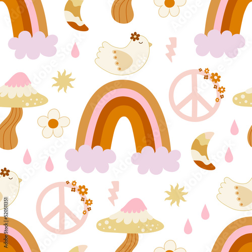 groovy seamless pattern with cartoon birds, mushroom, rainbows, flowers, décor elements. Vector illustration. hand drawing. design for fabric, print, wrapper, textile