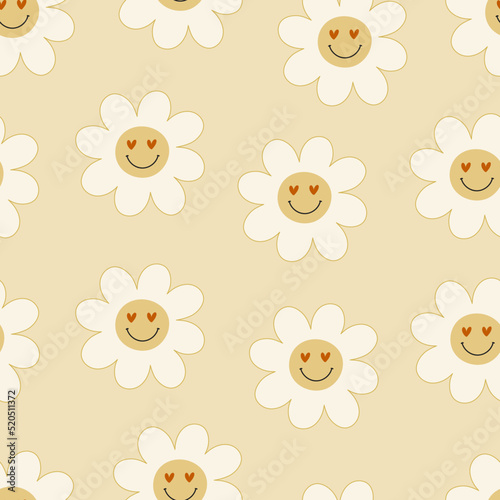 groovy seamless pattern with cartoon flowers, décor elements. retro style, vector illustration. hand drawing. design for fabric, print, wrapper, textile