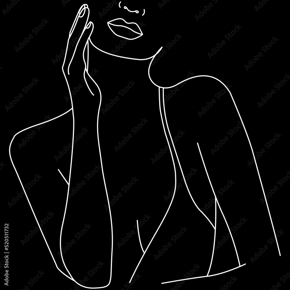 Minimalist silhouette of woman. Black and white illustration on black ...