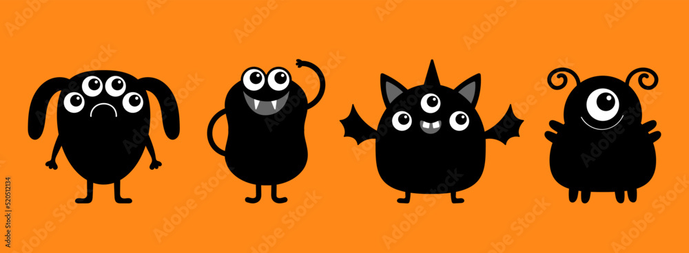Obraz premium Happy Halloween. Monster icon set line. Black silhouette. Funny face. Cute kawaii cartoon baby character. Sticker print template. Eyes, horn, fang teeth tongue. Flat design. Orange background.