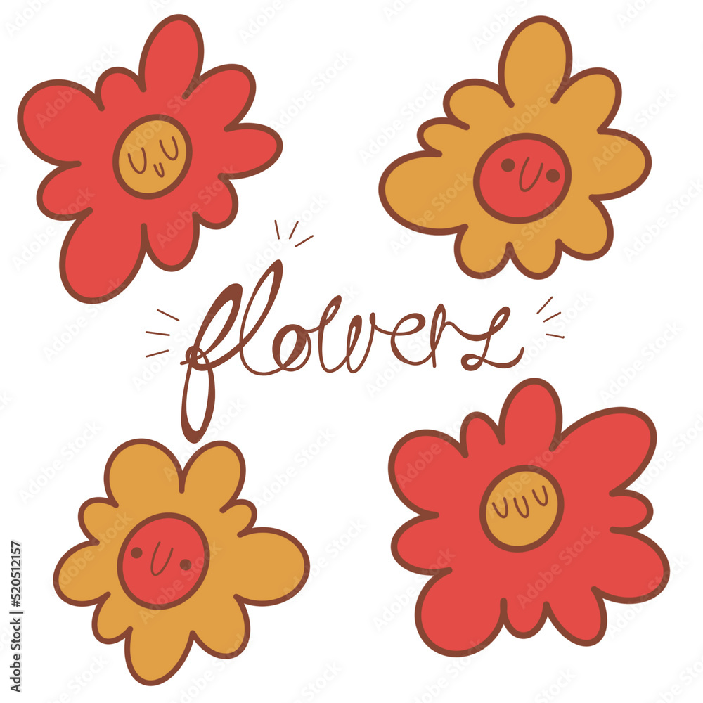 Cute red and yellow cartoon flowers with happy smiling faces illustration vector set png Cute red and yellow cartoon flowers with happy smiling faces illustration vector set png