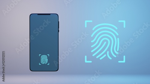 Smartphone with fingerprint scanner in 3D space. Concept of digital security.