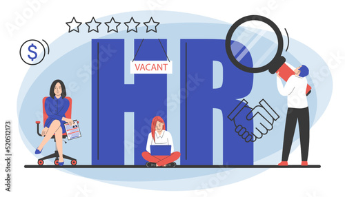 HR or human resources acronym word vector isolated. Concept of recruitment organization, employee searching. Colorful banner. Group of people sitting and standing around the letters.