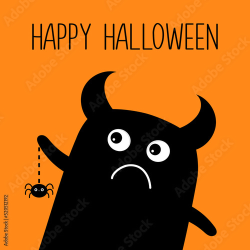 Happy Halloween. Sad monster silhouette. Spider dash line web. Black Funny Cute cartoon baby character. Eyes, teeth, tongue, spooky hands. Boo. Flat Orange background.