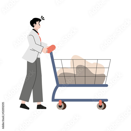 Man shopping in supermarket. Customer wheeling cart along aisles flat vector illustration. Grocery store, buying food concept for banner, website design or landing web page