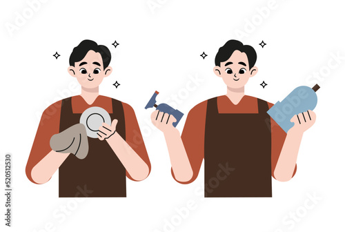 Washing dishes and housework concept. Young smiling man cartoon character standing washing dishes with special soap and brush over white background vector illustration 