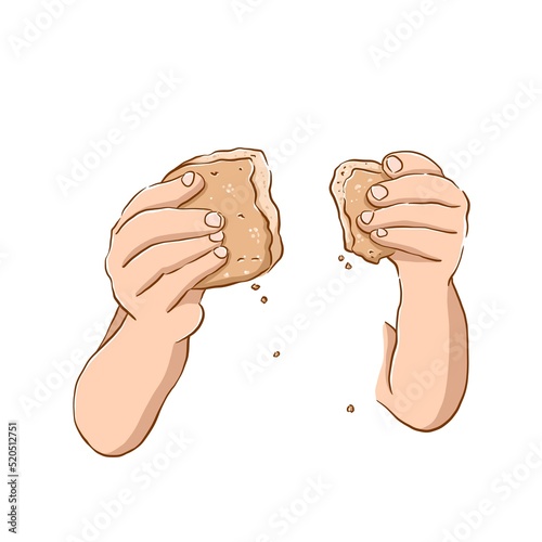 Hands holding wheat bead. Food crisis. Grain and seeds. Doodle illustration in yellow, beige and brown tones in cartoon style
