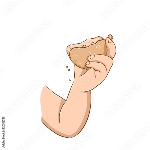 Hands holding wheat bead. Food crisis. Grain and seeds. Doodle illustration in yellow, beige and brown tones in cartoon style