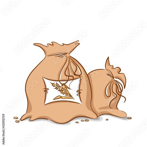 Textile bag with wheat grain. Food crisis. Grain and seeds. Doodle illustration in yellow, beige and brown tones in cartoon style