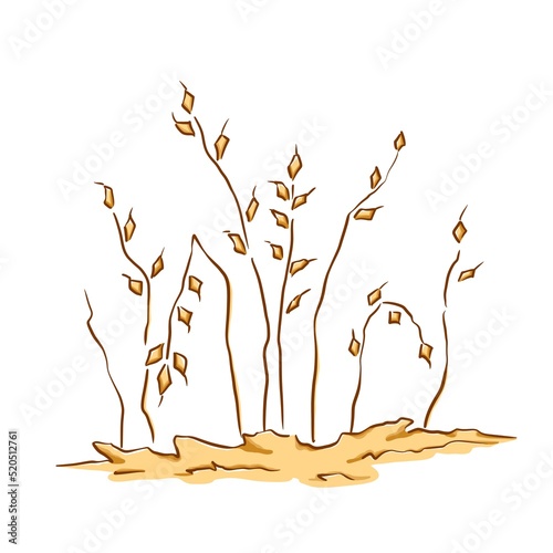 Wheat ears on dry ground. Food crisis. Grain and seeds. Doodle illustration in yellow, beige and brown tones in cartoon style
