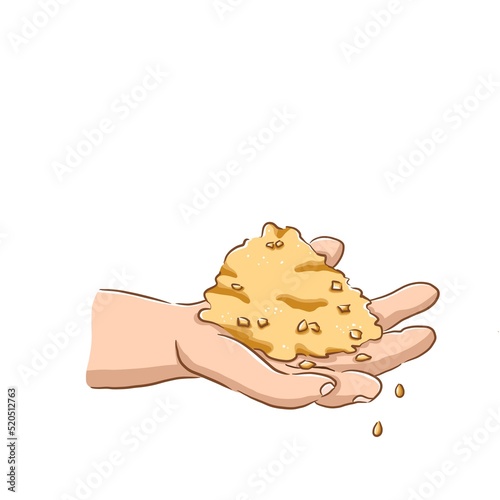 Hands holding wheat seeds. Food crisis. Grain and seeds. Doodle illustration in yellow, beige and brown tones in cartoon style