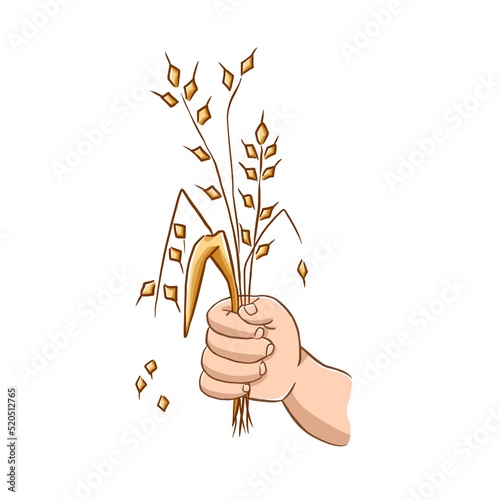 Hands holding wheat ears. Food crisis. Grain and seeds. Doodle illustration in yellow, beige and brown tones in cartoon style