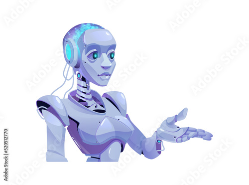 Lady robot, sci fi cyber girl gesture hand and point. Vector woman robot artificial intelligence female cyborg isolated futuristic character. Ai bot, mechanical droid robotic smart helper