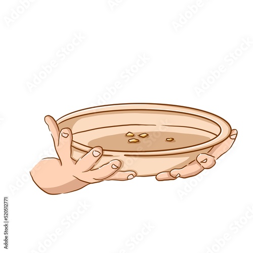 Hands holding plate with wheat grains. Food crisis. Grain and seeds. Doodle illustration in yellow, beige and brown tones in cartoon style