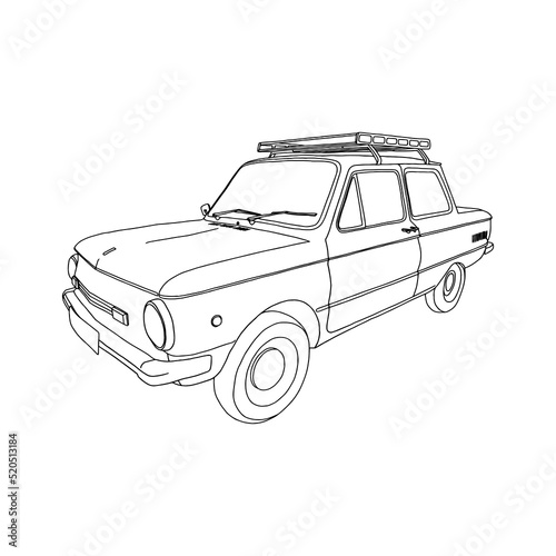 Old soviet style car (Zaporozh). Black and white retro illustration on a green background.