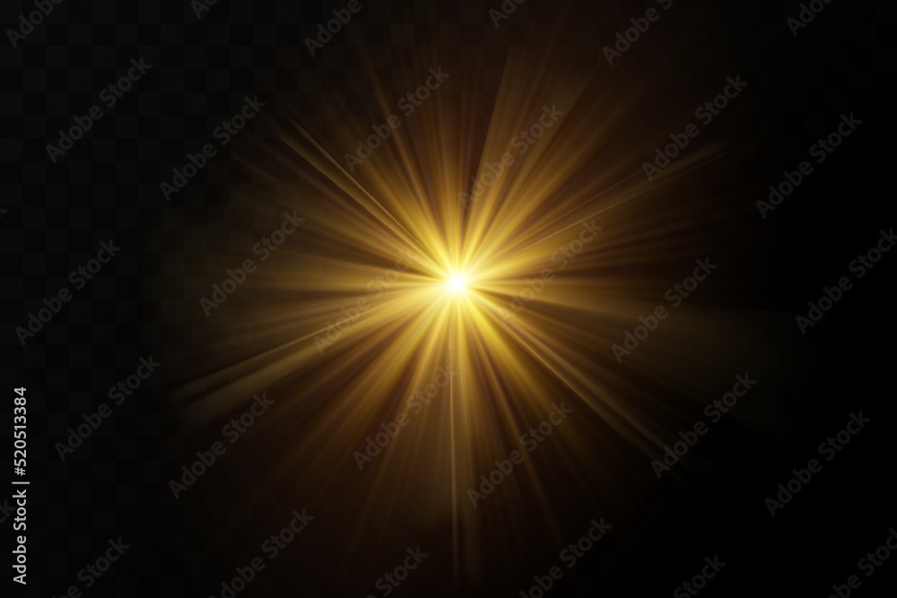 Shining golden stars isolated on black background. Effects, glare, lines, glitter, explosion, golden light. Vector illustration