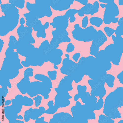 Tie dye camo style. Abstract pastel blue and pink color, simultaneous contrast seamless pattern. Fashionable camouflage texture. Wallpaper print on fabric. Vector background