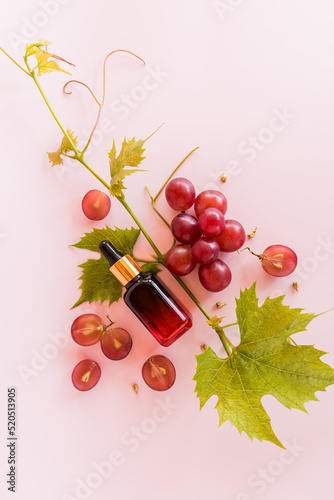 bottle with a red black glass pipette with organic product, serum for facial skin care. biocosmetics. top view. flat layout. photo