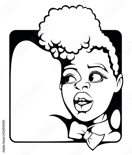 Black girl. On the head is a high hairstyle. Handsome character with bow tie. Around the square frame.