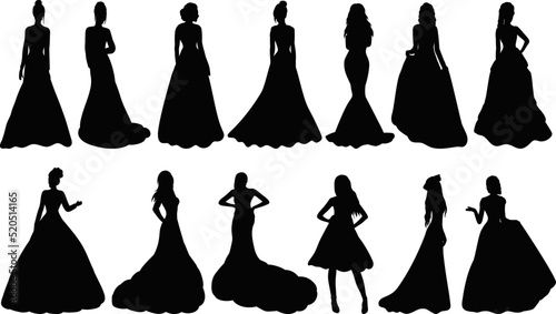 bride silhouette set black on white background isolated, vector