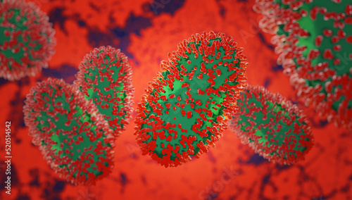 Monkeypox virus in red background, medical illustration 3d rendering. Global health emergency monkey pox infection. photo