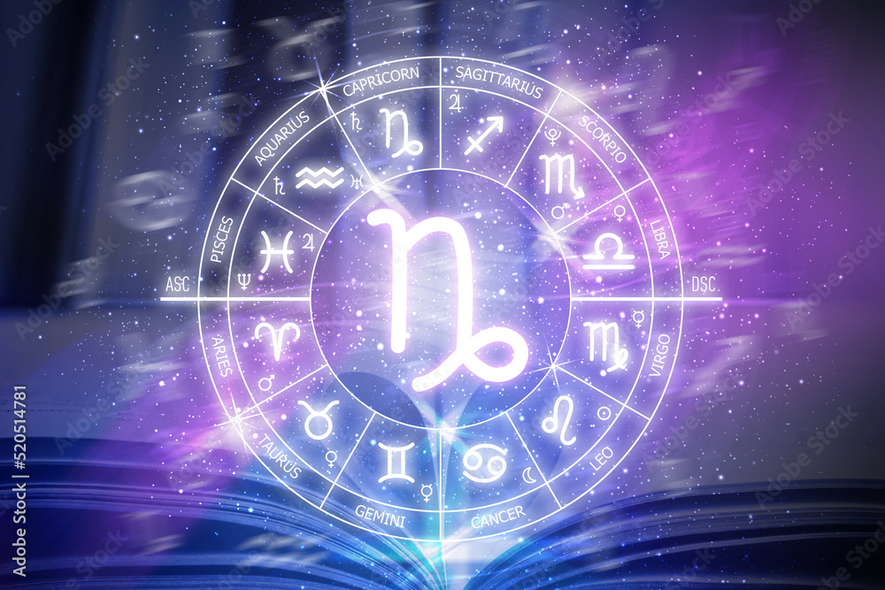 Capricorn zodiac sign. Capricorn icon on blue space background. Zodiac circle