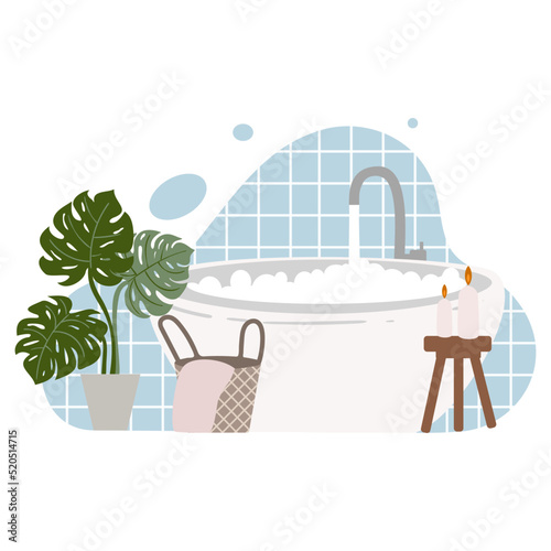 Modern bathroom interior in minimal Scandinavian style. Big bath tub full of water and foam. Home spa and relax concept. Antistress routine. Sleep well.