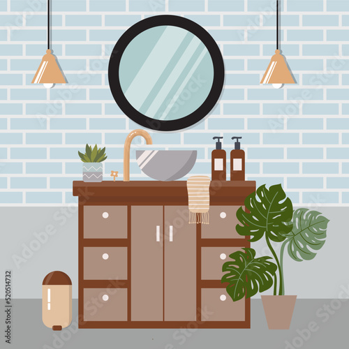 Modern bathroom interior design in Scandinavian style. Modern sink table, with a big mirror, beauty products and home plants. Flat vector illustration. Light blue time on the wall.