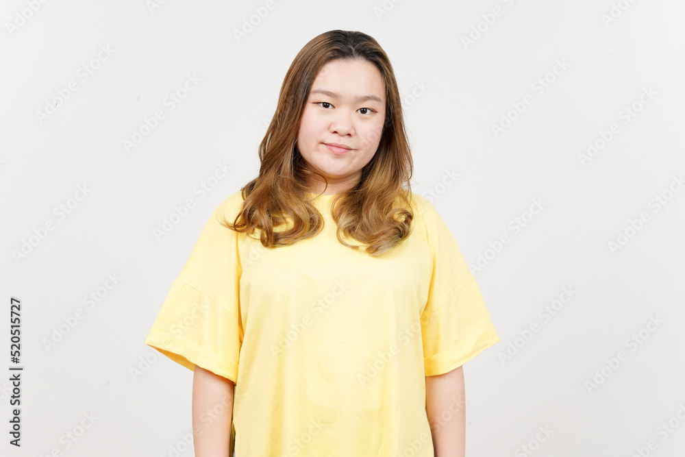 Smile and Looking at camera of Beautiful Asian Woman wearing yellow T-Shirt Isolated On White Smile and Looking at camera of Beautiful Asian Woman wearing yellow T-Shirt Isolated On White