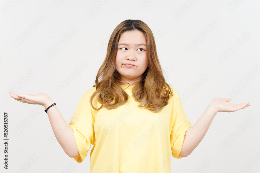 Doubt Confused, Don't know Gesture of Beautiful Asian Woman wearing yellow T-Shirt Doubt Confused, Don't know Gesture of Beautiful Asian Woman wearing yellow T-Shirt