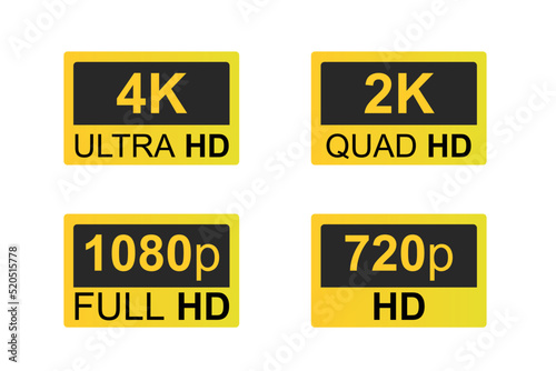 Pack of Display Resolution Icons, Video Dimensions Gold Icons, Ultra HD 4K, 2K 1080p, 720p Vector photo