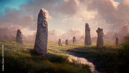 A composition of standing stones, against the background of a beautiful fantasy landscape.