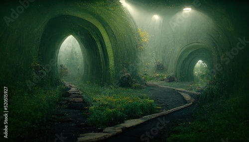Mythical green tunnels, entrance to another world, lost forest, tern illustration of green tunnels made of trees.