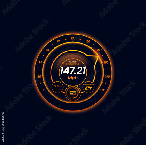 Car futuristic speedometer gauge neon dial neon scale. Automobile or motorcycle speed meter counter, auto dashboard vector gauge or tachometer indicator with glowing orange neon arrow and MPH info