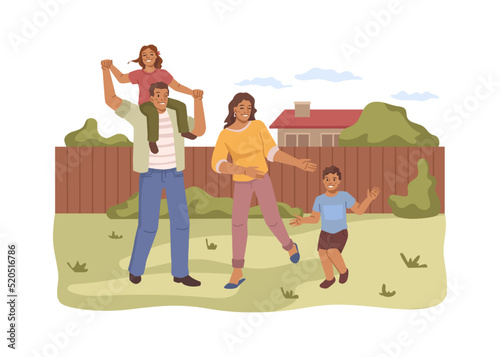 Parents playing with kids at backyard at home. Happy family spending time together, father and mother with daughter and son. Flat cartoon, vector in flat style